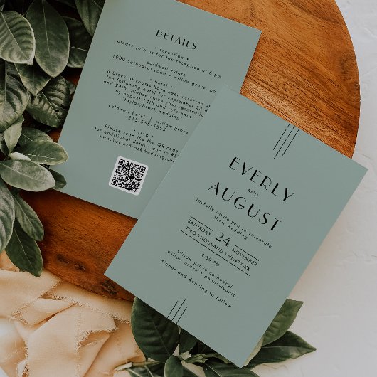 EVERLY Modern Art Deco Sage Green QR Code Wedding 招待状