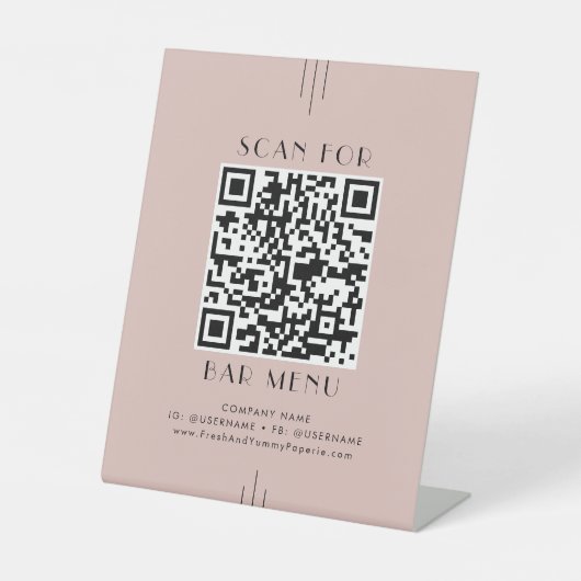 EVERLY Retro Art Deco Blush Pink Bar Menu QR Code 台座サイン (正面)