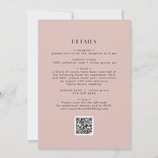 EVERLY Retro Art Deco Blush Pink QR Code Wedding 招待状 (裏面)