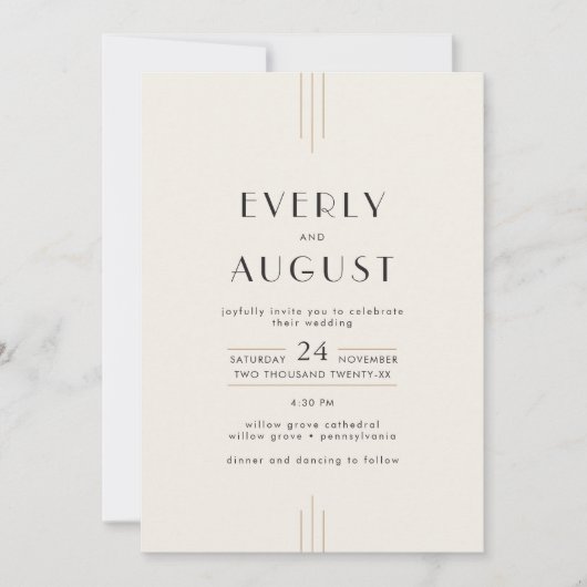 EVERLY Retro Art Deco Ivory Gold Black Wedding 招待状 (正面)