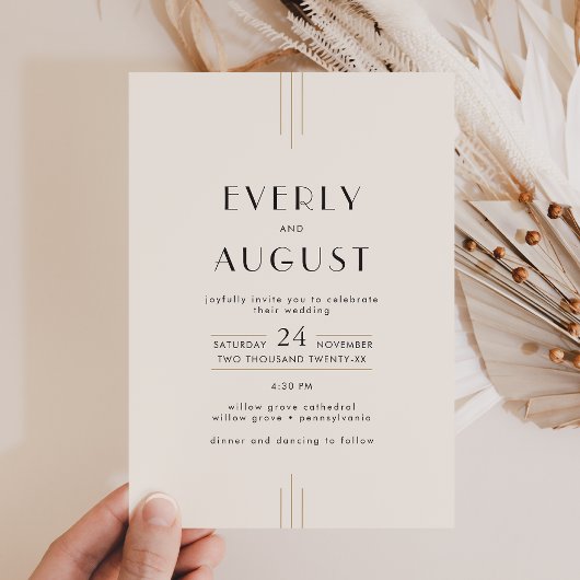 EVERLY Retro Art Deco Ivory Gold Black Wedding 招待状