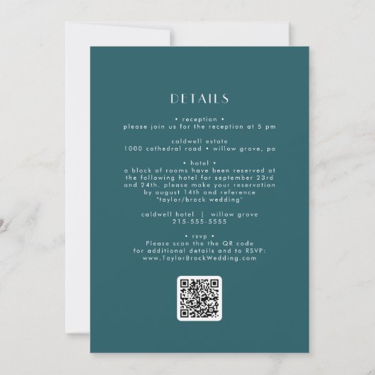 EVERLY Retro Art Deco Peacock Teal QR Code Wedding 招待状 (裏面)