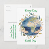 Every Day Earth Day Floral Globe With Hands シーズンポストカード (正面/裏面)
