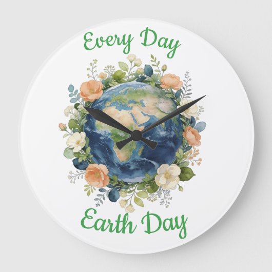 Every Day Earth Day Floral Wreath Earth ラージ壁時計 (正面)