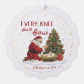 Every Knee Shall Bow Santa and Nativity Christmas オーナメントカード (正面)