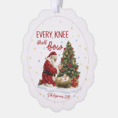 Every Knee Shall Bow Santa and Nativity Christmas オーナメントカード (左)