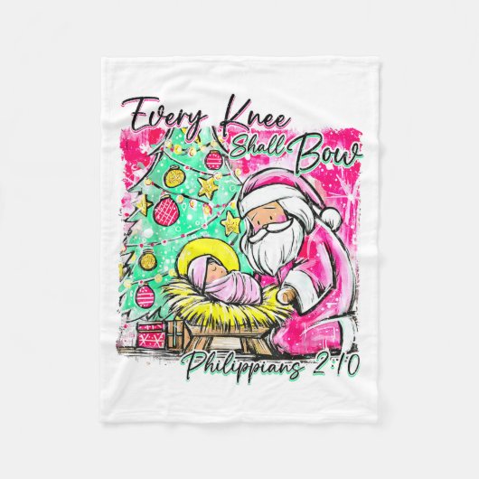 Every Knee Shall Bow Santa Christmas Nativity Scen フリースブランケット (正面)
