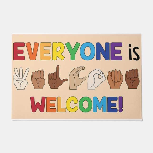 Everyone Is Welcome Hand Sign Language Doormat ドアマット (正面)