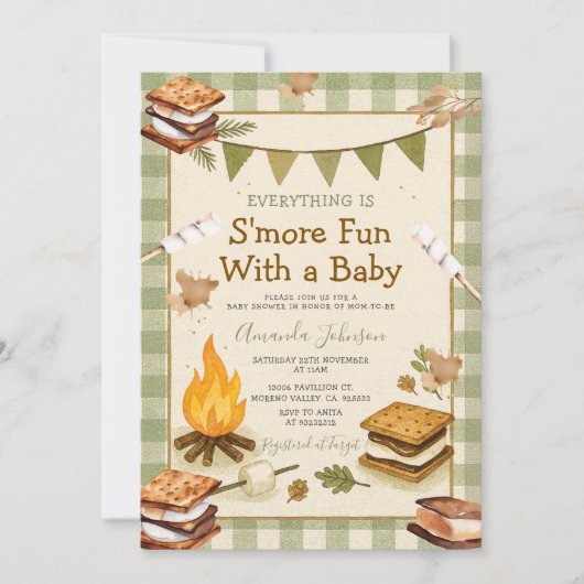 Everything S'more Fun Green Baby Shower Gingham 招待状 (正面)