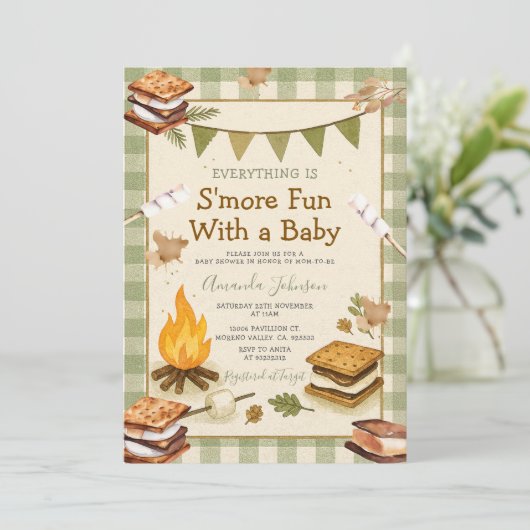 Everything S'more Fun Green Baby Shower Gingham 招待状 (スタンド正面)