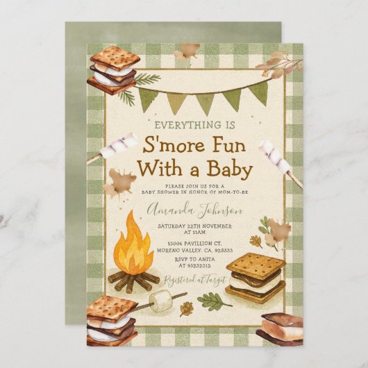 Everything S'more Fun Green Baby Shower Gingham 招待状 (正面/裏面)