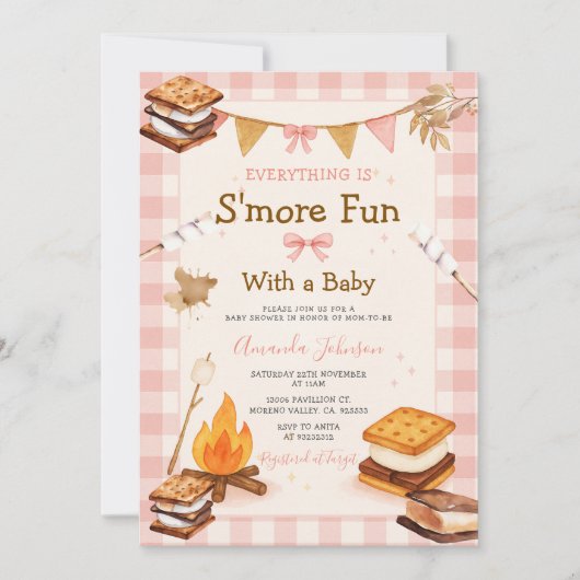Everything S'more Fun Pink Baby Shower Gingham 招待状 (正面)