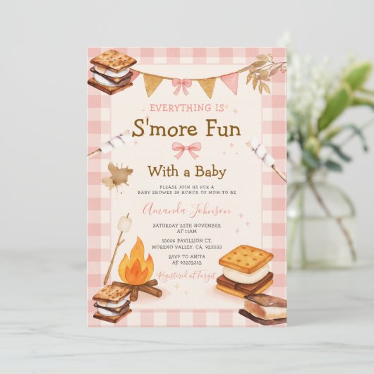 Everything S'more Fun Pink Baby Shower Gingham 招待状 (スタンド正面)