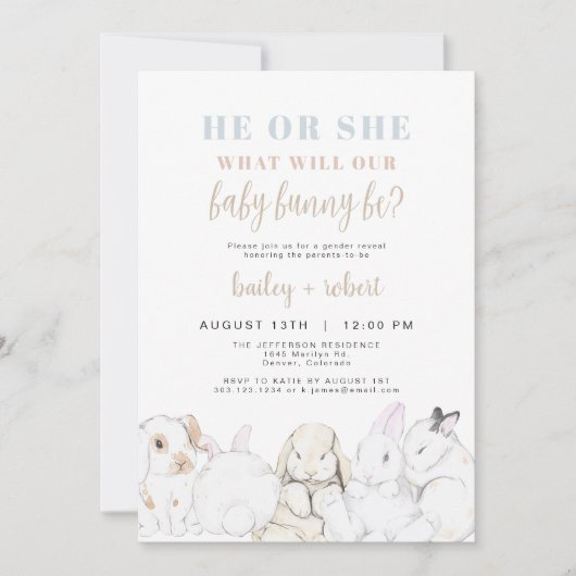 EVIEかわいいパステルウォーターカラーバニージェンダーリビール 招待状 (正面)