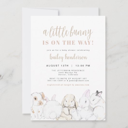 EVIEかわいいパステルウォーターカラーバニーベビーシャワー 招待状 (正面)