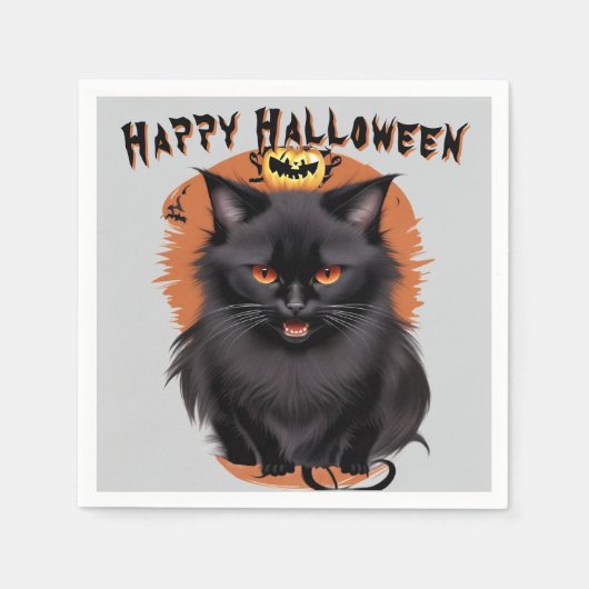 Evil Black Cat Halloween Paper Napkin スタンダードカクテルナプキン (正面)