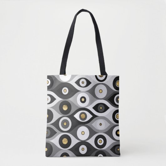 Evil Eyeの保護パターンのグレースケールと金ゴールド トートバッグ (正面)