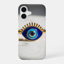 Evil Eye Gold Ring on Marble Background iPhone 16ケース