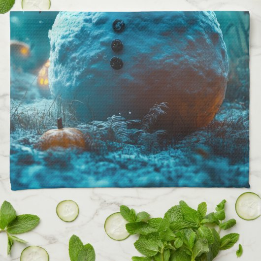 Evil Halloween Snowman with Glowing Eyes キッチンタオル (折り畳み)