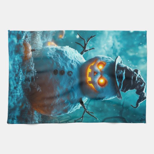 Evil Halloween Snowman with Glowing Eyes キッチンタオル (横)