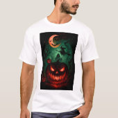 Evil Pumpkin Under Blood Moon | Witch Flying Hallo Tシャツ (正面)