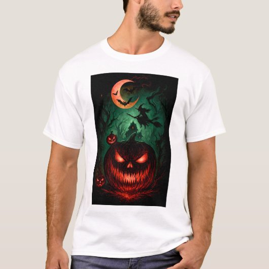Evil Pumpkin Under Blood Moon | Witch Flying Hallo Tシャツ (正面)
