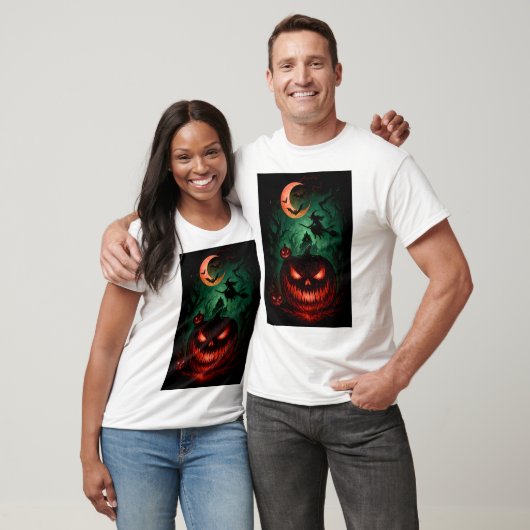 Evil Pumpkin Under Blood Moon | Witch Flying Hallo Tシャツ (ユニセックス)