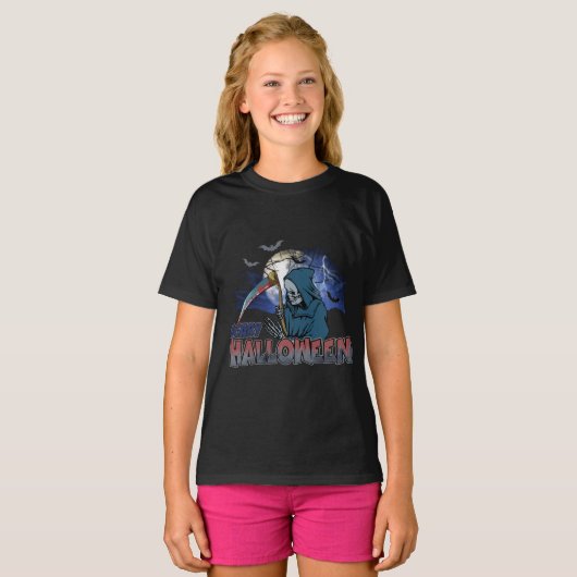 Evil Skeleton In Scary Dark Night Halloween Tシャツ (正面フル)