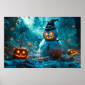 Evil Snowman with Glowing Pumpkins in Dark Forest ポスター (正面)