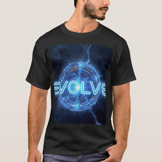 EVOLVE ネオン ブルー デジタル スフィア Tシャツ | テクノロジーの進化 (正面)