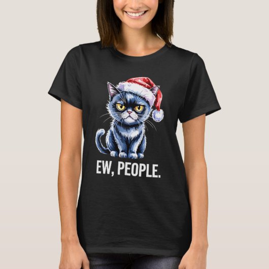 Ew People Black Cat Christmas Funny Introvert Holi Tシャツ (正面)