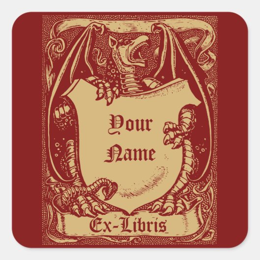 Ex Libris中世ドラゴンとシールドテンプレート スクエアシール (正面)