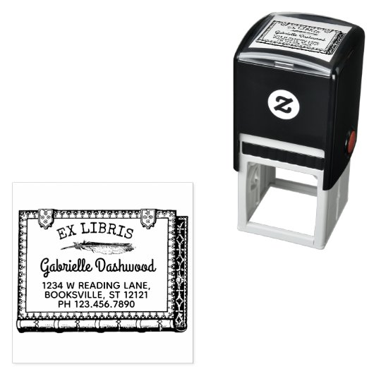 Ex Libris蔵書票ヴィンテージブックと羽の名前 セルフインキングスタンプ (インサイチュ)