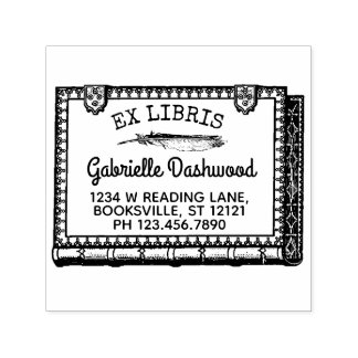 Ex Libris蔵書票ヴィンテージブックと羽の名前 セルフインキングスタンプ