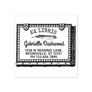 Ex Libris蔵書票ヴィンテージブックと羽の名前 ラバースタンプ