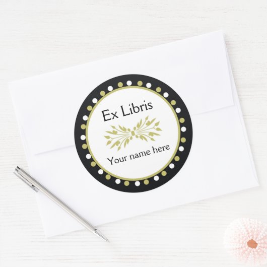 Ex Libris蔵書票 – リーフグリーン白水玉模様 ラウンドシール (封筒)