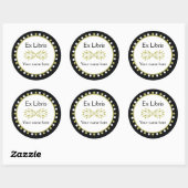 Ex Libris蔵書票 – リーフグリーン白水玉模様 ラウンドシール (シート)