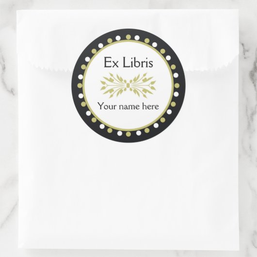 Ex Libris蔵書票 – リーフグリーン白水玉模様 ラウンドシール (バッグ)