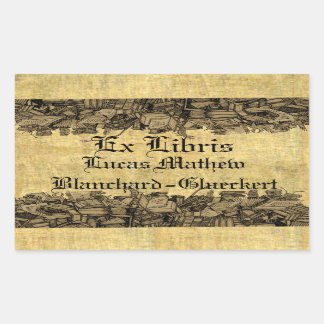 Ex Libris – 書籍の山に囲まれた蔵書票 長方形シール