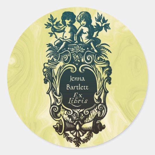 Ex Libris Cartoche & Cherubsステッカー ラウンドシール (正面)
