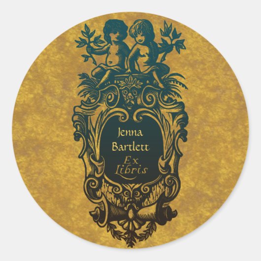 Ex Libris Cartoche & Cherubsステッカー ラウンドシール (正面)