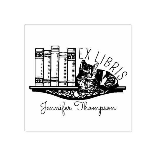 Ex Libris Cat Bookshelf ラバースタンプ (インプリント)