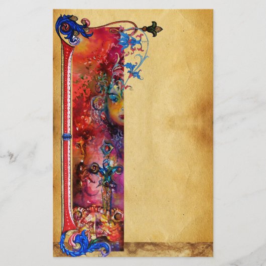 EXCALIBUR .ANTIQUEの赤く青い花の羊皮紙 便箋 (正面)