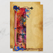 EXCALIBUR .ANTIQUEの赤く青い花の羊皮紙 便箋 (正面/裏面)