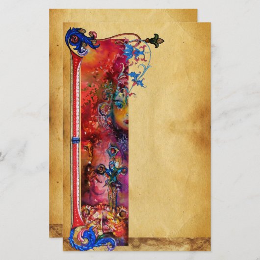 EXCALIBUR .ANTIQUEの赤く青い花の羊皮紙 便箋 (正面/裏面)