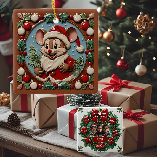 Excited Christmas Mouse Customizable セラミックオーナメント