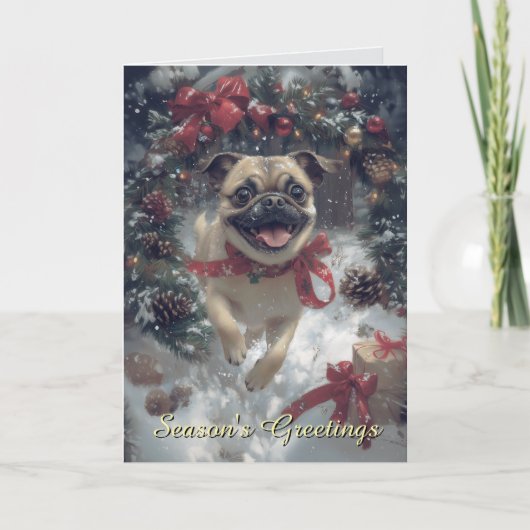 Excited Pug Dog Christmas Card カード (正面)