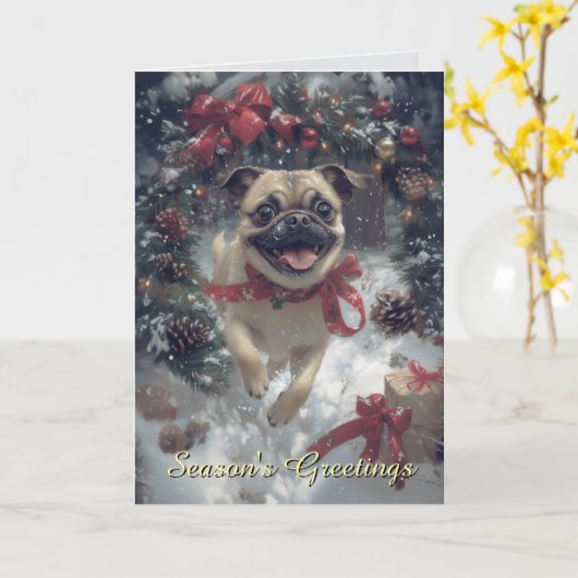 Excited Pug Dog Christmas Card カード (黄色い花)