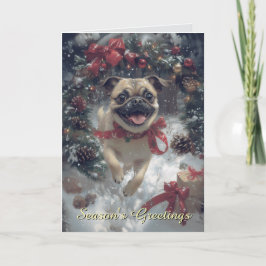 Excited Pug Dog Christmas Card カード