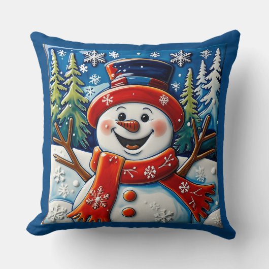 Excited Snowman Throw Pillow クッション (正面)
